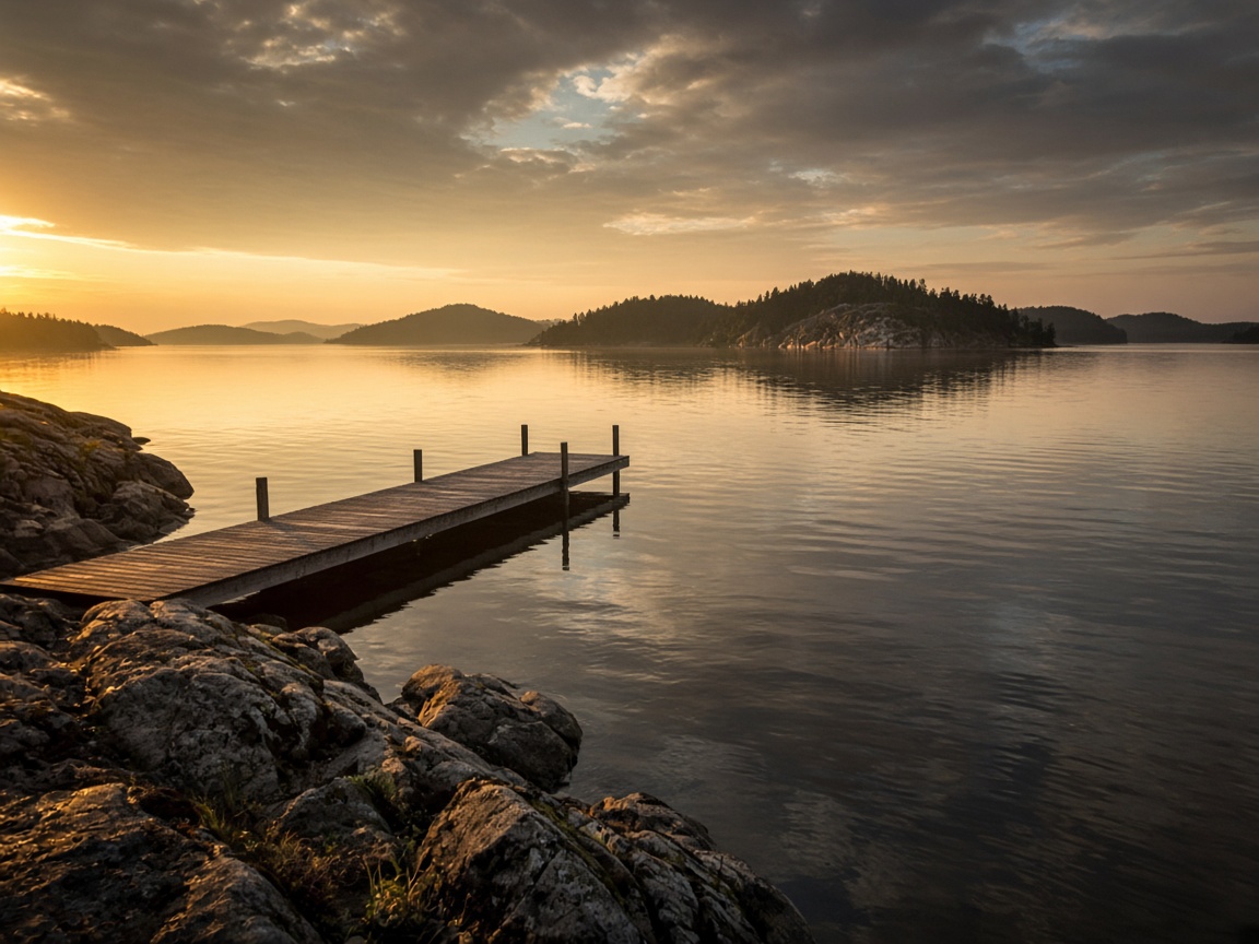 Private wooden dock on a calm lake at sunset