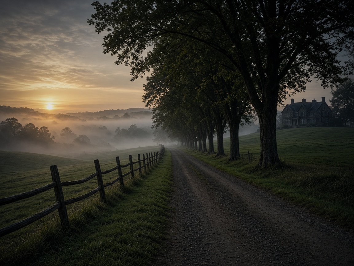 Tree-lined country lane leading to a stone estate at dawn